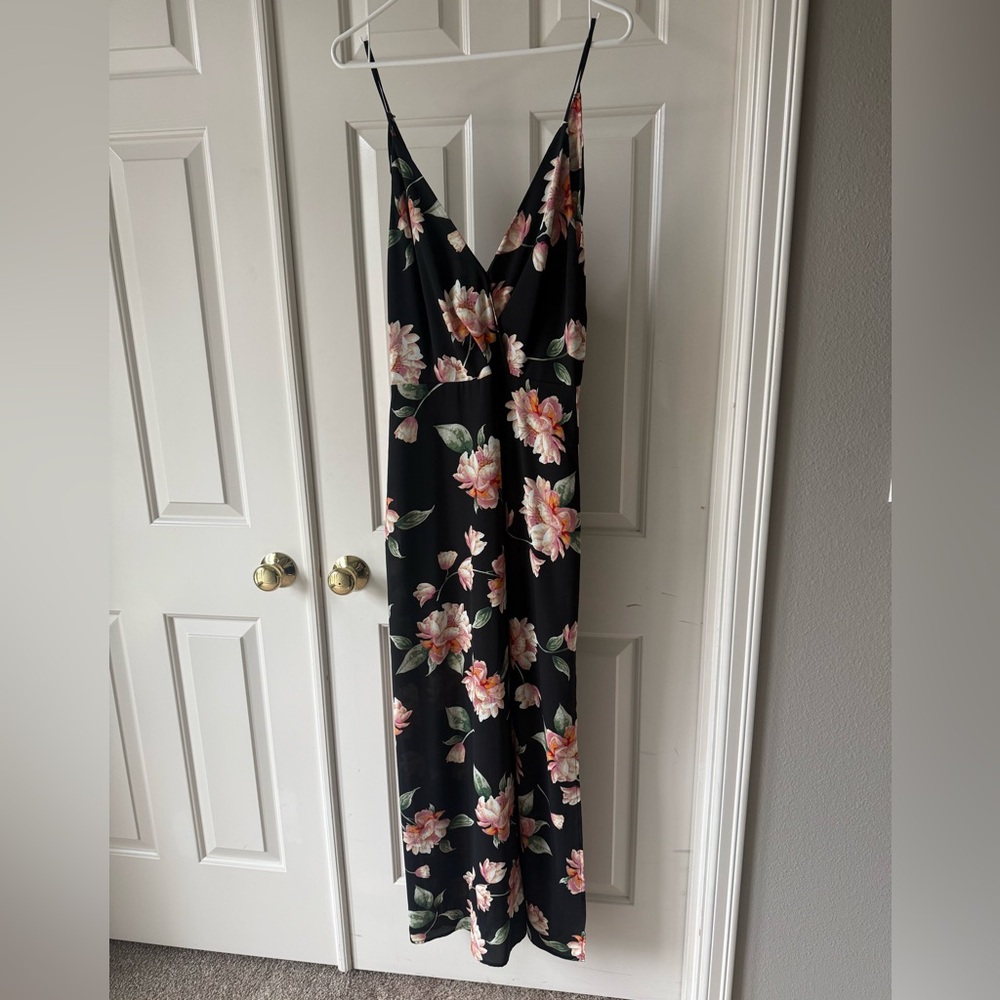 Lush Black Maxi Dress with Pink Floral Print